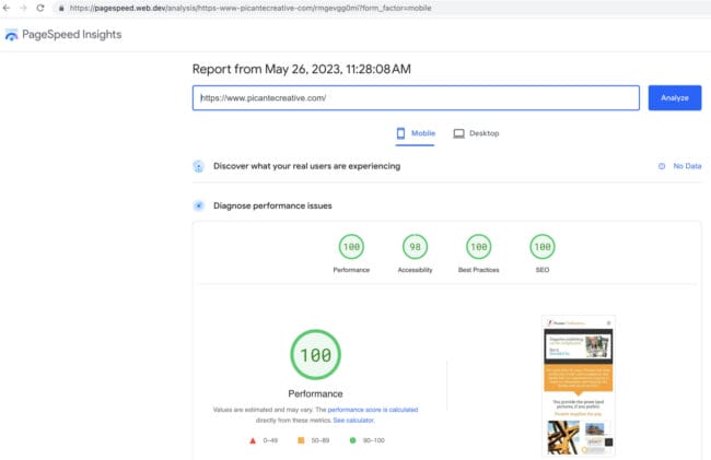 Picante Creative's Page Speed Insights audit showing improved performance in all categories