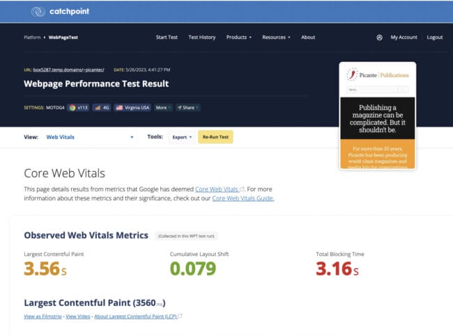 Core Web Vitals for Picante Creative showing the before scenario with lots of errors