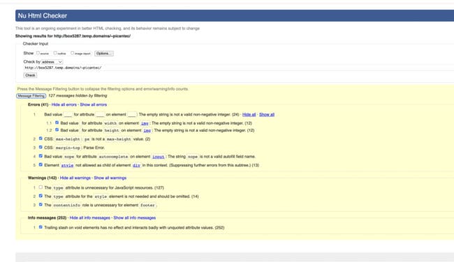 Picante Creative's Validator audit result showing many errors