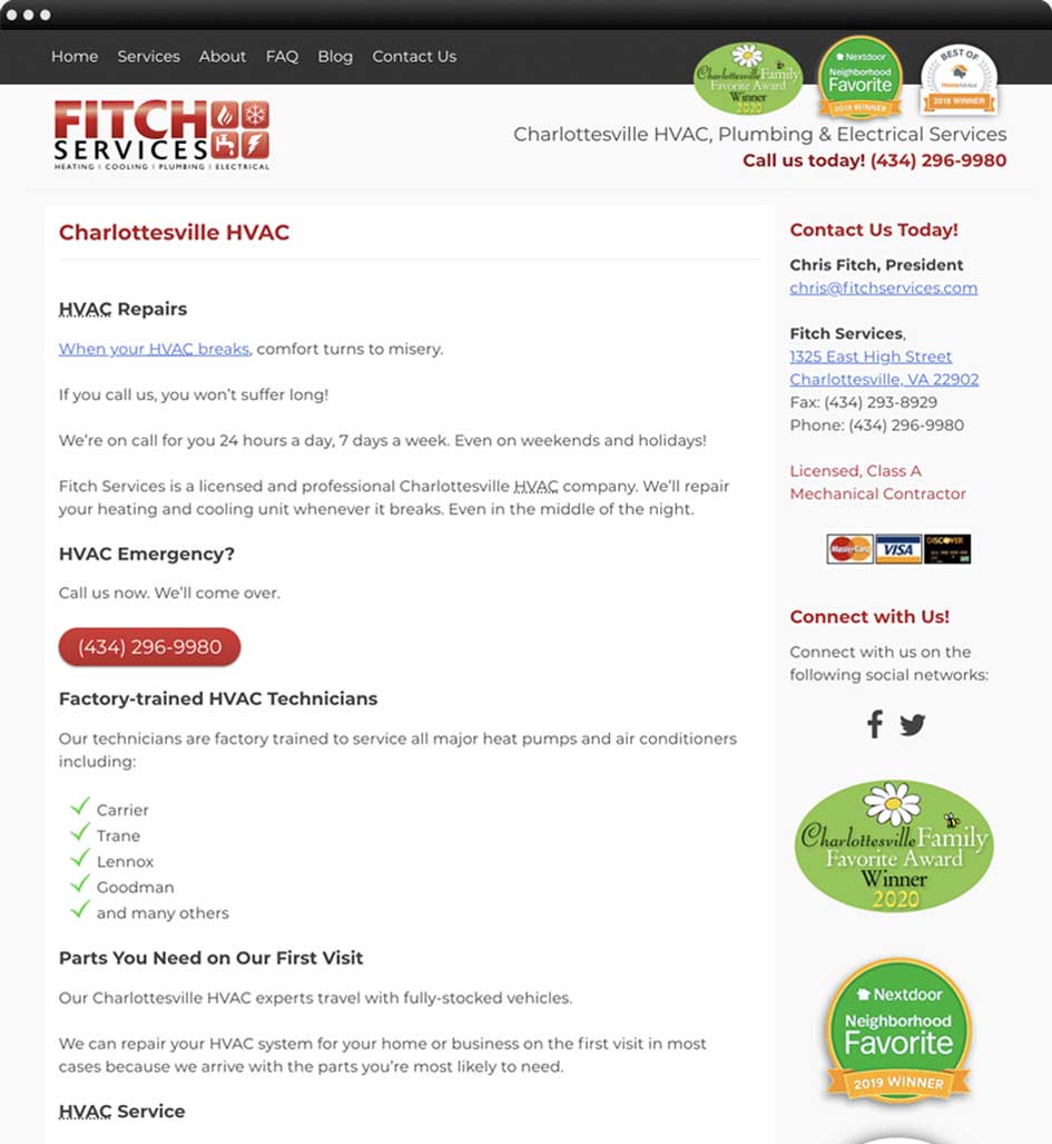 Web design portfolio: Fitch Services Heating, Cooling, Plumbing, Electrical
