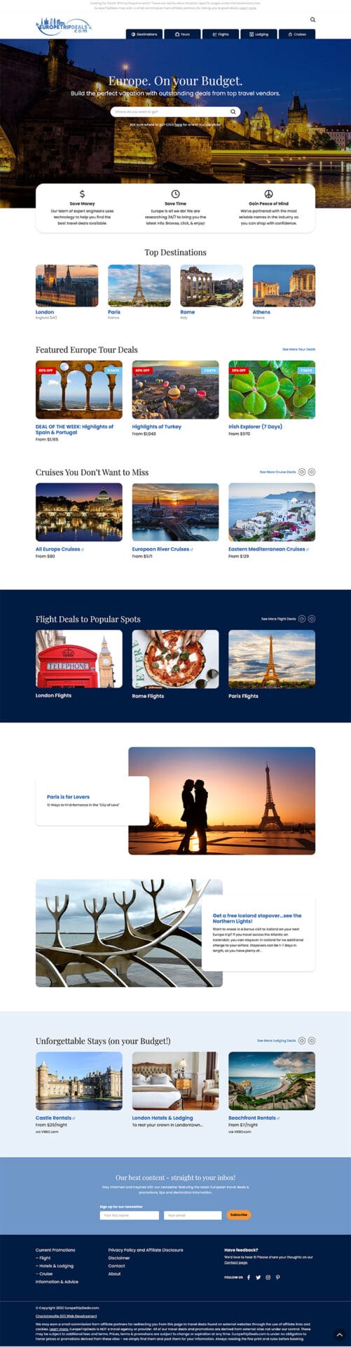 Home page website design for Europe Trip Deals