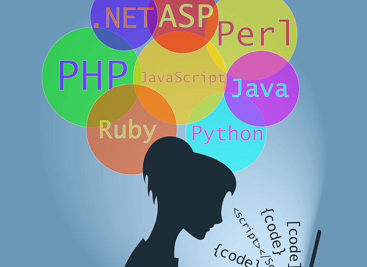 A girl at a computer with thought bubbles displaying the names of coding languages