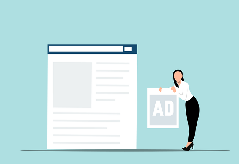 landing page with a lady holding the word ad