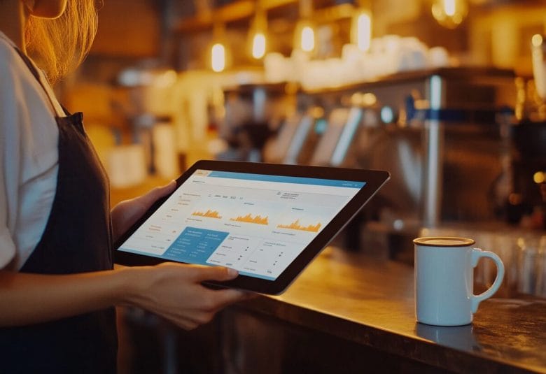 A business owner at a café in Albemarle County browses their AI-personalized website that displays location-based content for local users.