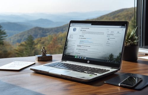 WordPress dashboard open on a laptop showing website maintenance tasks in an office overlooking the Blue Ridge Mountains in Albemarle County, VA