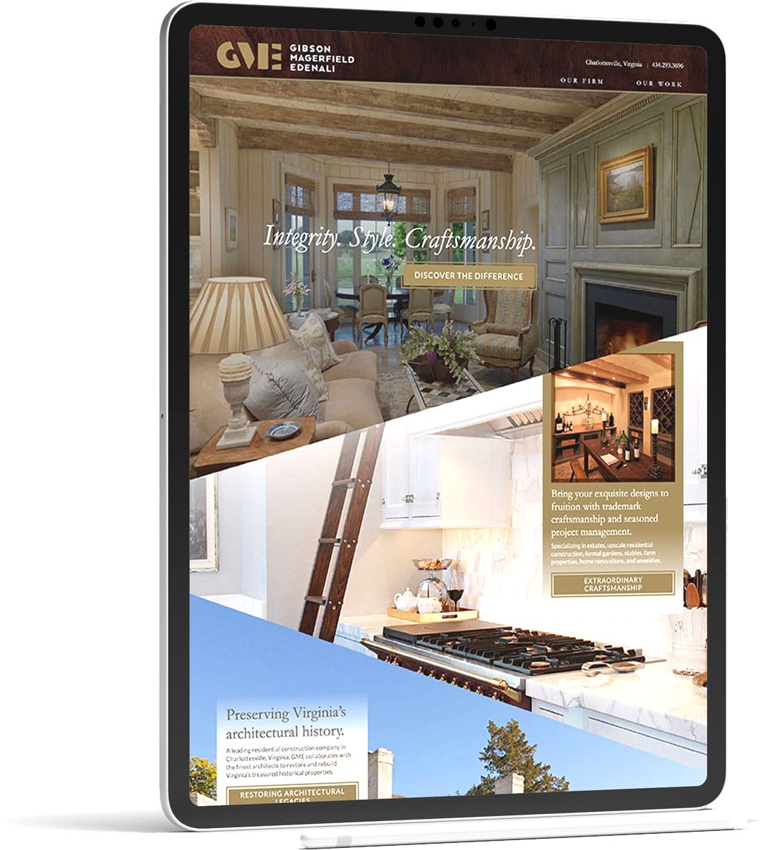 A tablet highlights the Virginia wordpress design talents of a tech company in Albermarle County, VA.