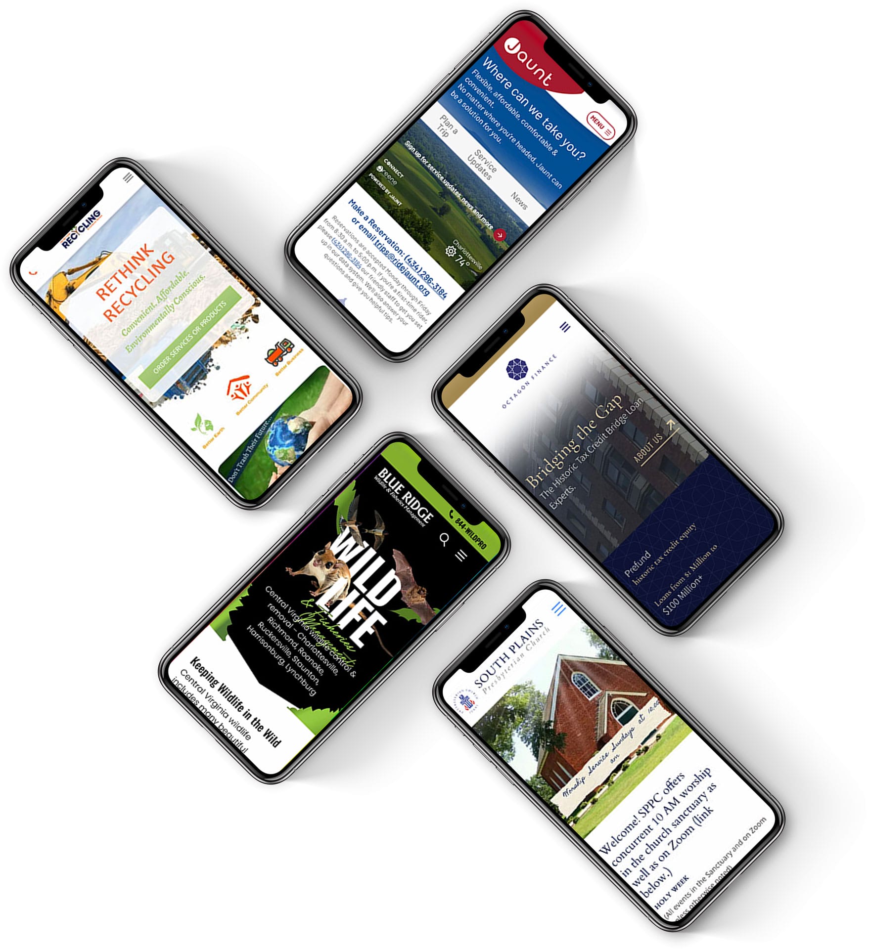 Website design agency showcase with four different mobile phone screens displaying modern business website layouts