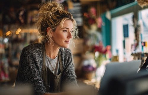 Retail shop owner in Charlottesville, VA assisting a customer while dealing with a slow-loading website on a laptop, highlighting performance frustrations.